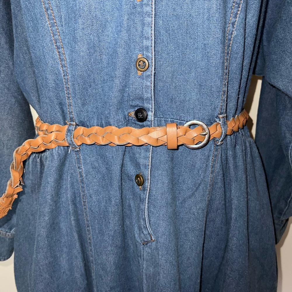 Jordache 80s Vintage Denim Prairie Dress Button Front Ruffle Hem Belted 15/16 - Picture 5 of 13